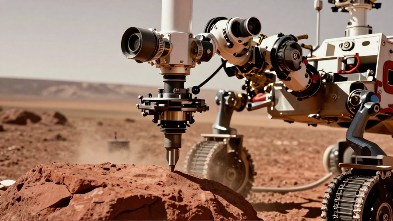 Brazo robótico del rover Curiosity realizando una perforación de precisión sobre una roca en Marte.
