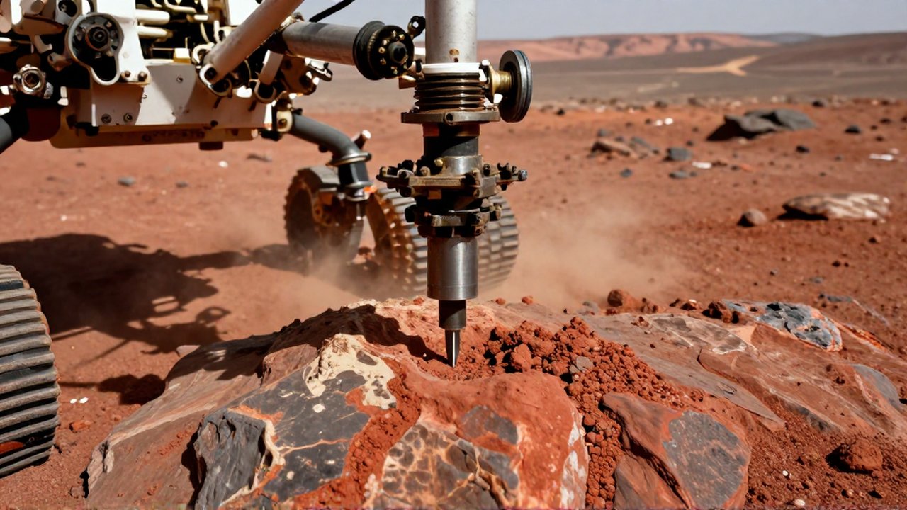 El taladro del rover Curiosity perforando una roca con polvo rojo en el cráter Gale de Marte.