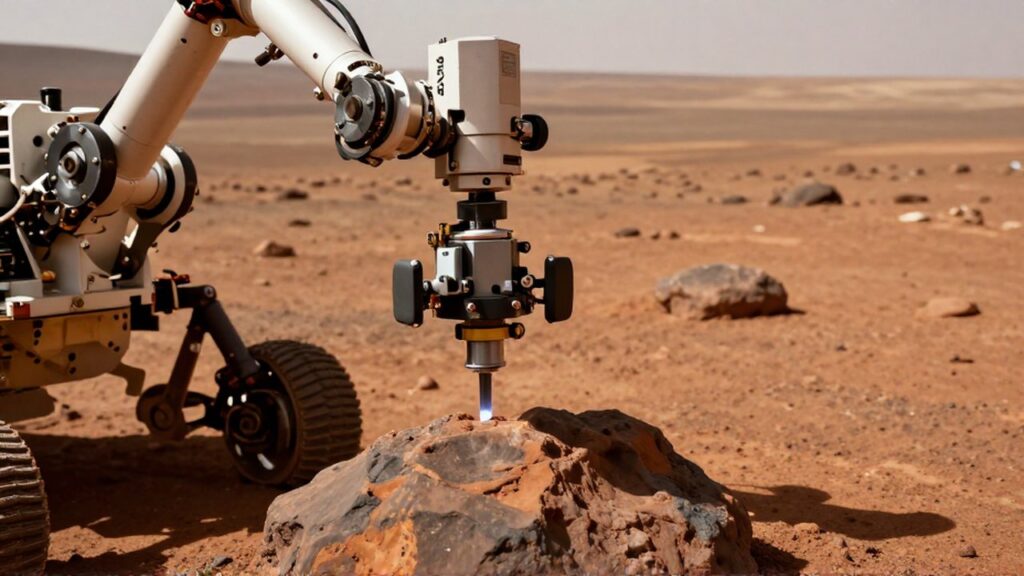 Brazo robótico del rover Curiosity analizando una roca en el paisaje rojizo de Marte.
