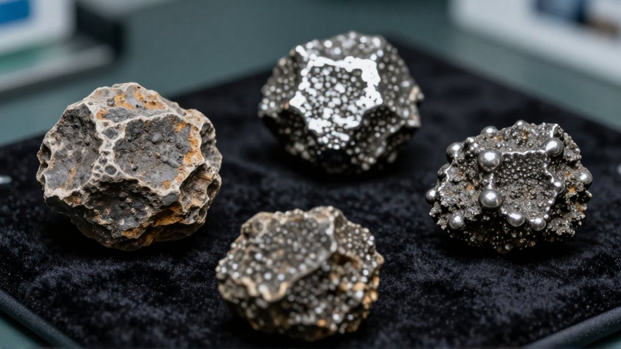 Colección de meteoritos de piedra, hierro y condrita sobre una superficie de terciopelo oscuro.