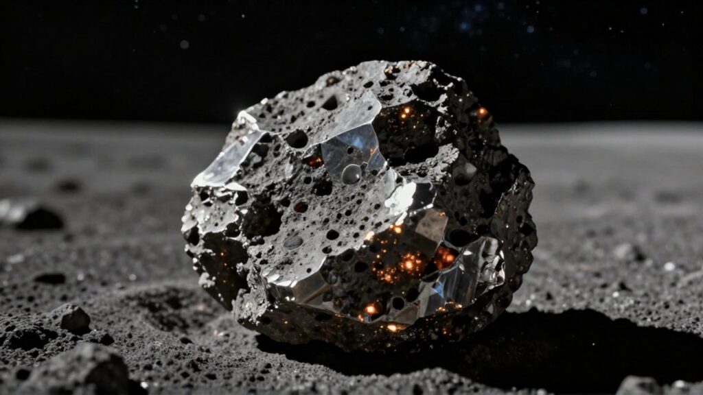 Fragmento de meteorito con texturas cristalinas sobre la superficie polvorienta de la Luna bajo un cielo estrellado.