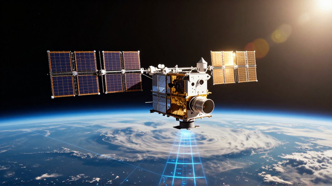 Satélite de alta tecnología orbitando la Tierra con líneas de red digitales sobre el planeta.