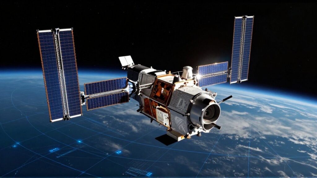 Satélite de alta tecnología con paneles solares orbitando la curvatura de la Tierra sobre un fondo estrellado.