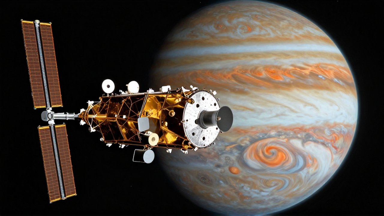 La sonda espacial Juno orbita el gigante gaseoso Júpiter rodeada de sus tormentas de color naranja.