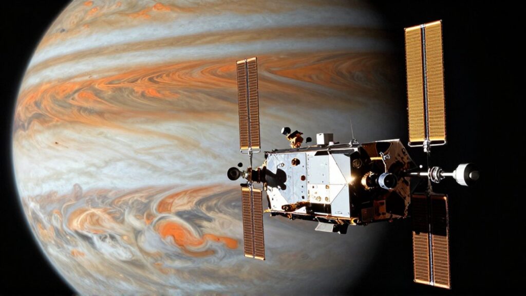 La sonda espacial Juno orbita el planeta Júpiter con sus paneles solares dorados bajo la luz estelar.