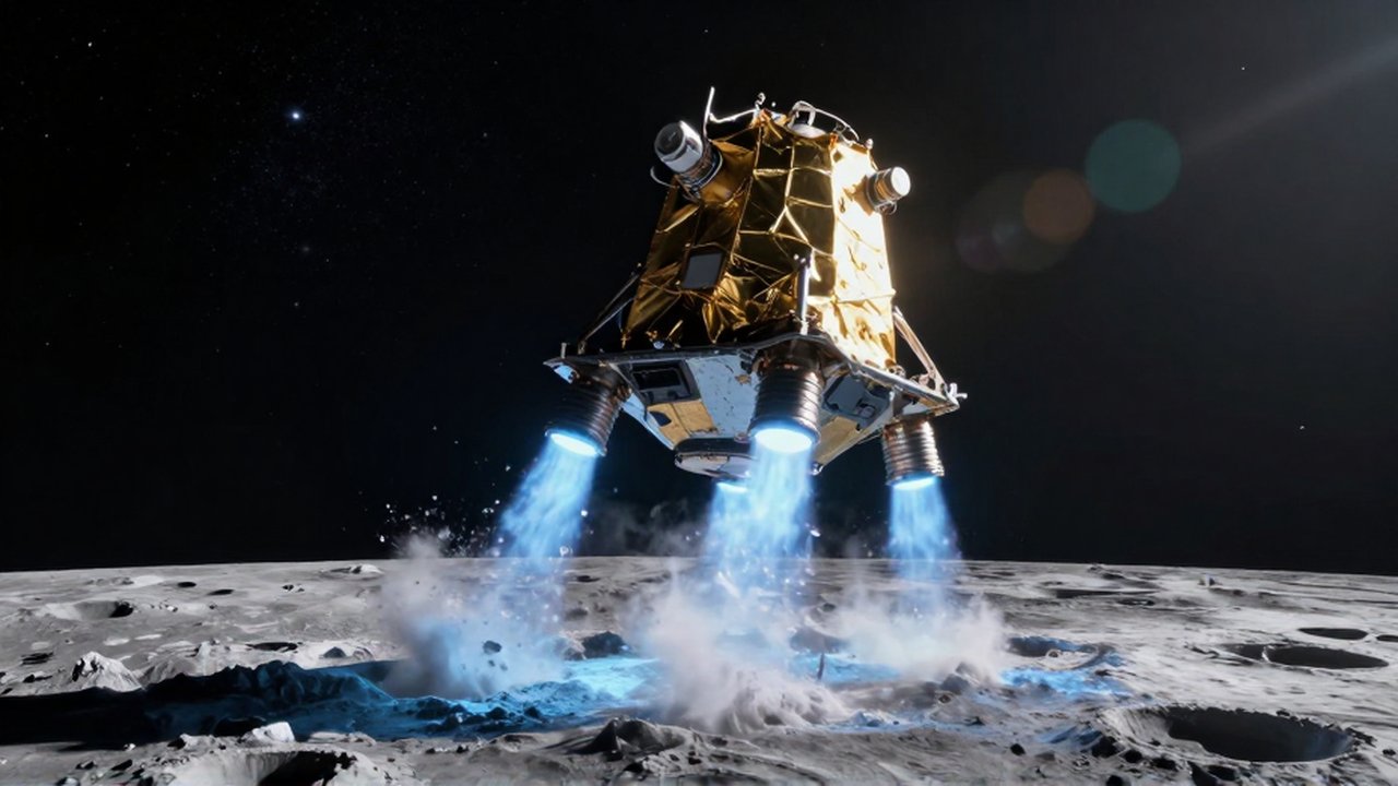 Sonda espacial aterrizando sobre la superficie helada de Europa con propulsores de plasma azul.
