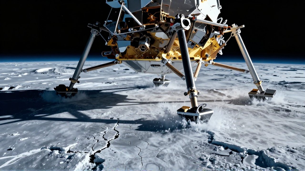 Sonda espacial aterrizando sobre el gélido y agrietado suelo de la luna Europa.