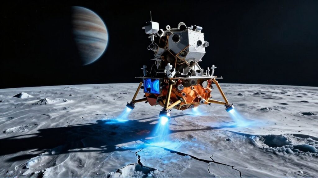 Aterrizaje de una sonda científica con propulsores azules sobre la superficie agrietada de una luna helada.