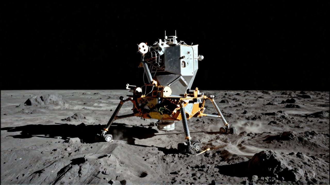 Sonda espacial de alta tecnología aterrizando sobre la superficie rocosa y desolada de un asteroide.