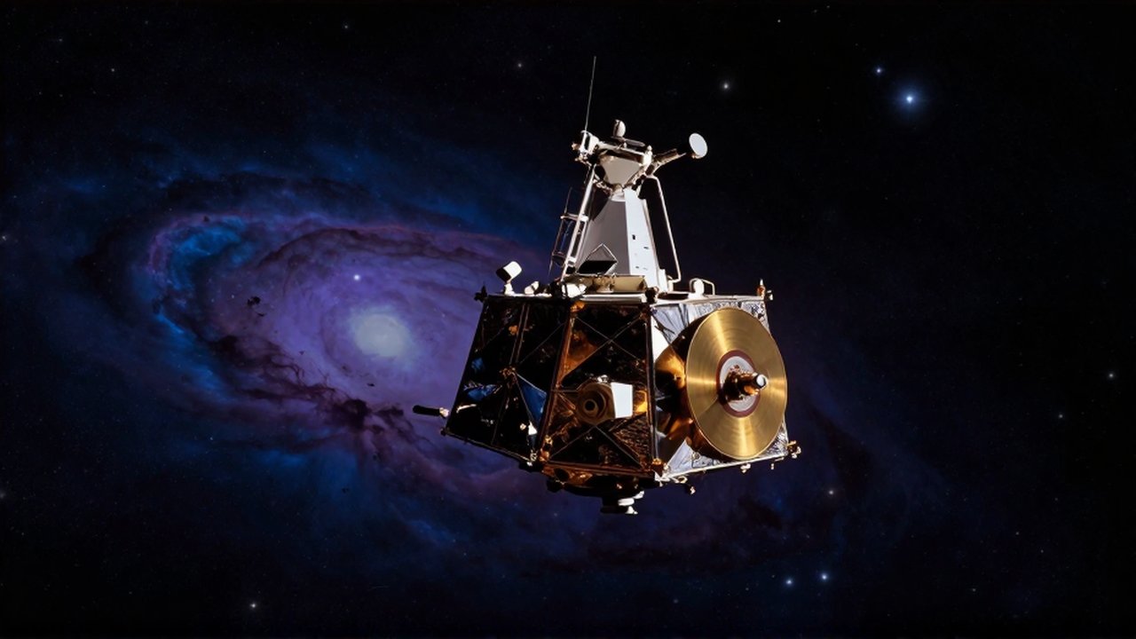 La sonda Voyager flota en la inmensidad del espacio profundo rodeada de nebulosas y estrellas lejanas.