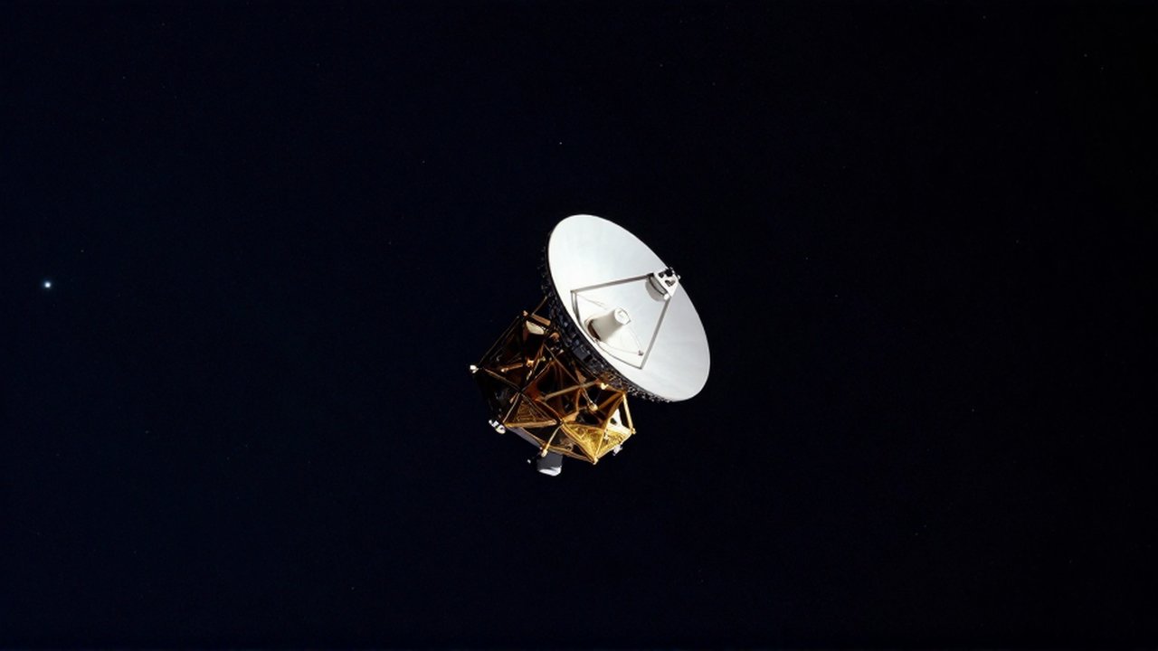 La sonda espacial Voyager flota solitaria en la inmensidad del espacio profundo rodeada de estrellas.