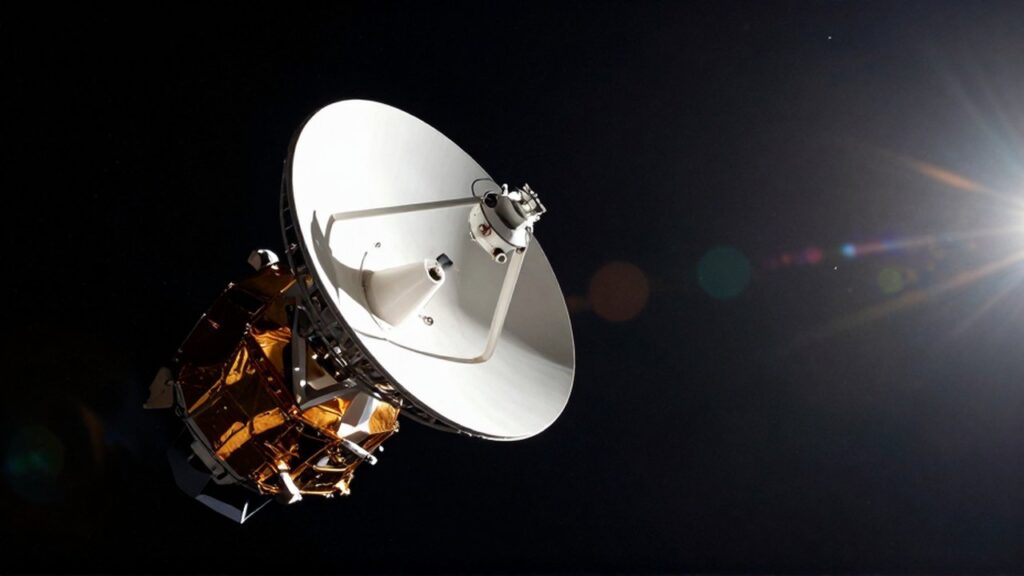 La sonda espacial Voyager flota en la inmensidad del espacio interestelar rodeada de estrellas distantes.
