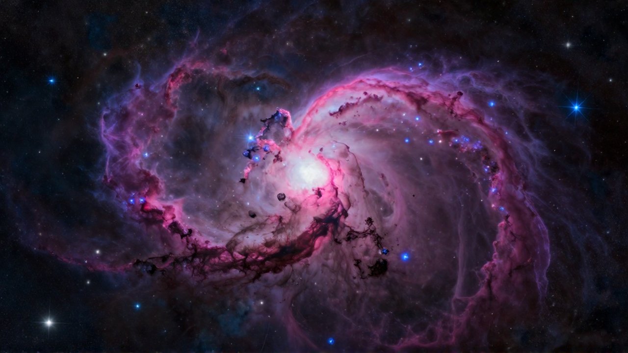 Nebulosa de Orión con brillantes gases rosas y violetas entre cúmulos de estrellas azules.