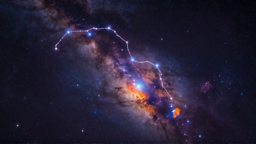 Constelación de Orión destacando la nebulosa central entre un cielo nocturno lleno de estrellas y polvo cósmico.