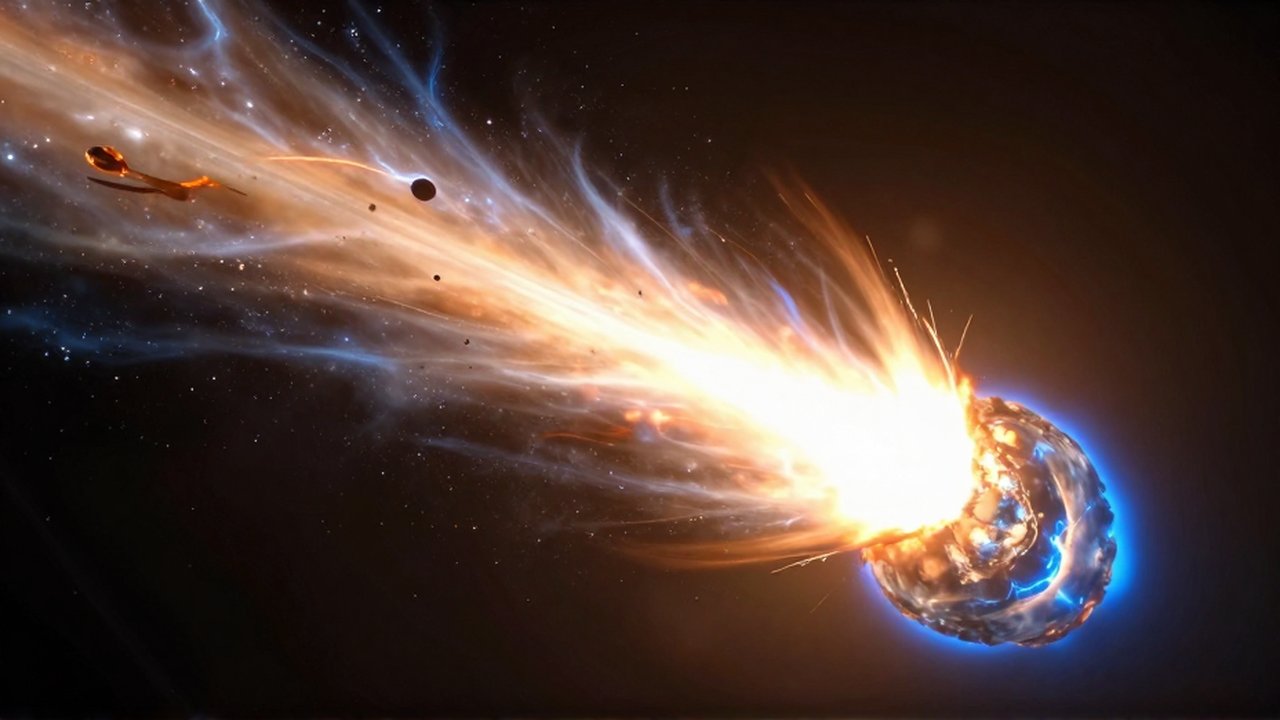 Cometa gigante con estela incandescente entrando en la atmósfera de un planeta oscuro.