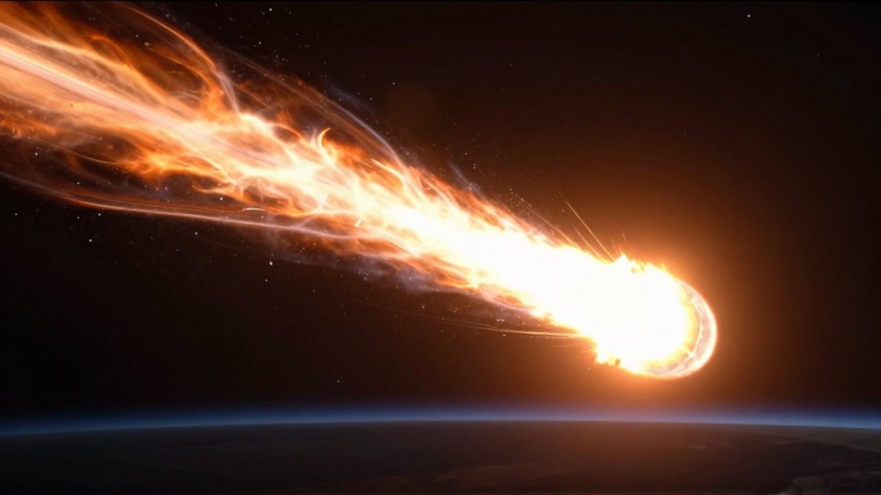 Un cometa entra en la atmósfera de un planeta dejando una brillante estela de plasma incandescente.