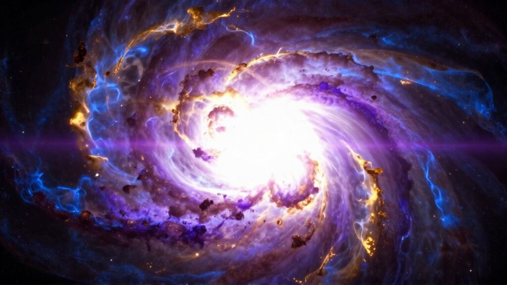 Explosión masiva de una supernova con ondas de choque de plasma brillante entre nebulosas doradas y azules.