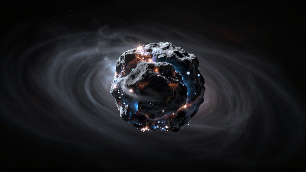 Cometa primordial de roca y hielo desprendiendo gases brillantes en la inmensidad del espacio.