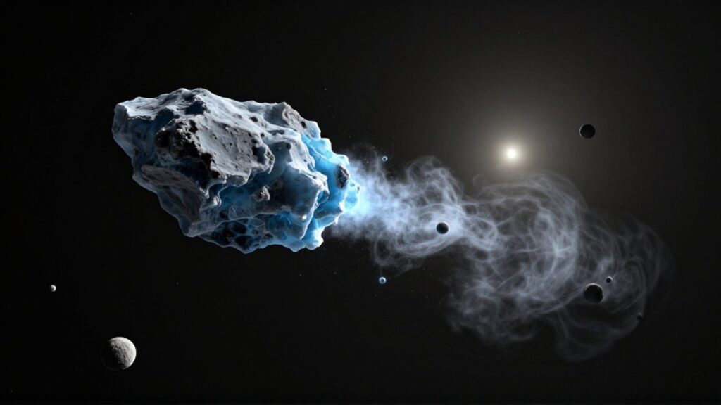 Cometa de hielo irregular con una estela de gas atravesando el espacio profundo del Cinturón de Kuiper.