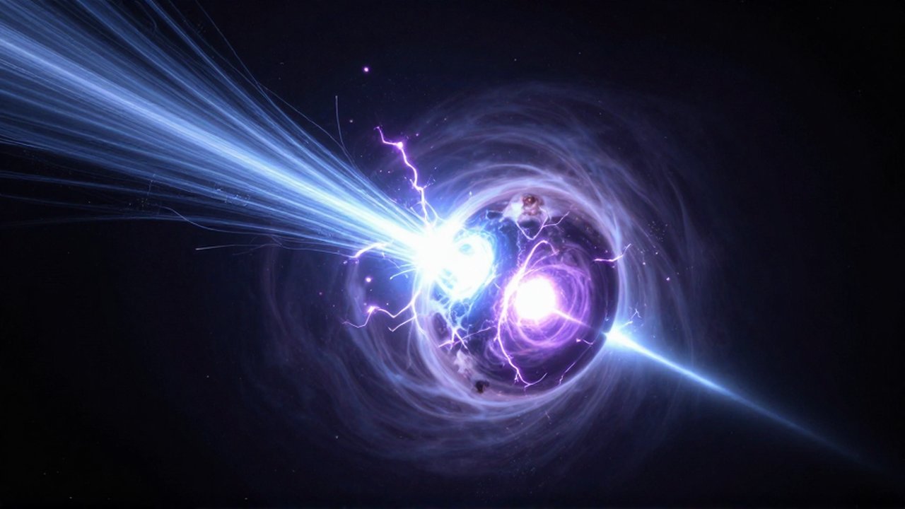 Púlsar giratorio con un núcleo brillante y potentes chorros de energía azul en el espacio.
