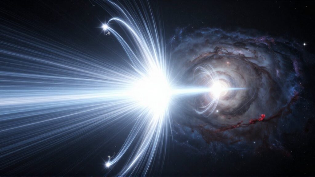 Púlsar de neutrones girando intensamente con chorros de radiación y campos magnéticos sobre un fondo de nebulosa.