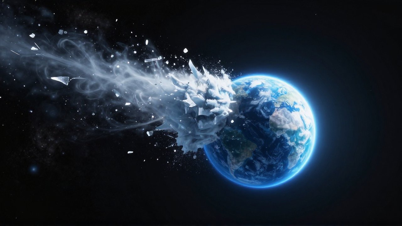 Cometa de hielo brillante cruzando el espacio oscuro hacia el planeta Tierra.