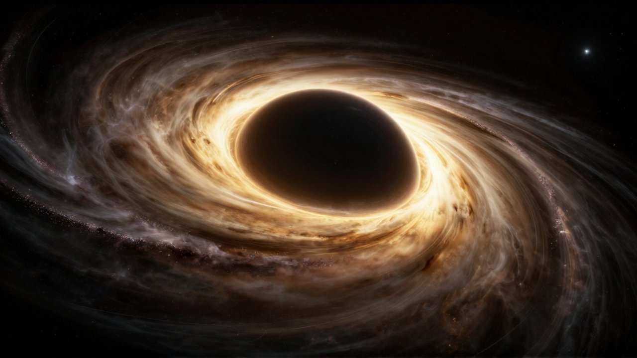 Agujero negro masivo con un disco de acreción brillante de luz dorada rodeado de nebulosas.