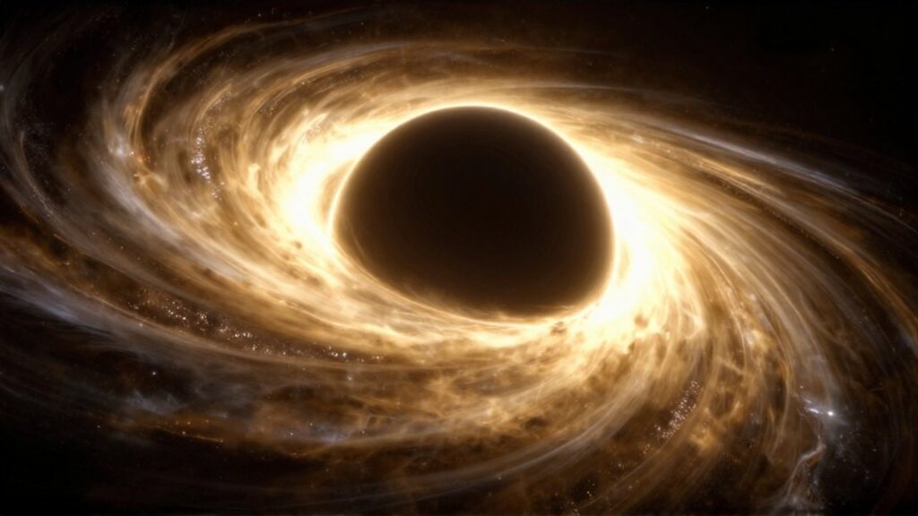 Agujero negro masivo con un brillante disco de acreción dorado girando en el espacio profundo.
