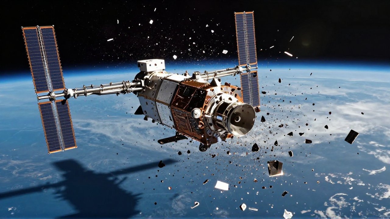 Satélite de comunicaciones rodeado por una densa nube de escombros espaciales sobre la curvatura terrestre.