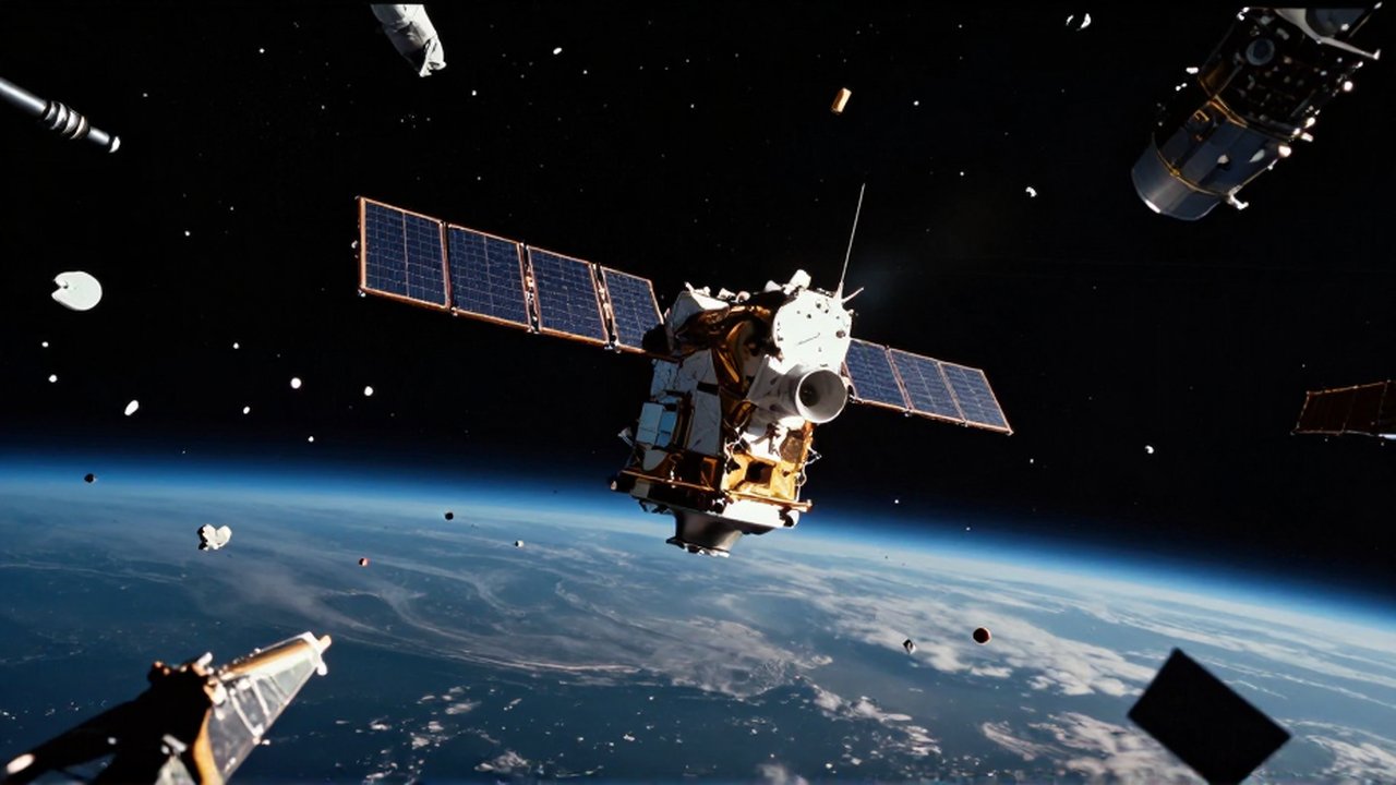 Un satélite de comunicaciones rodeado de fragmentos de basura espacial en la órbita terrestre.