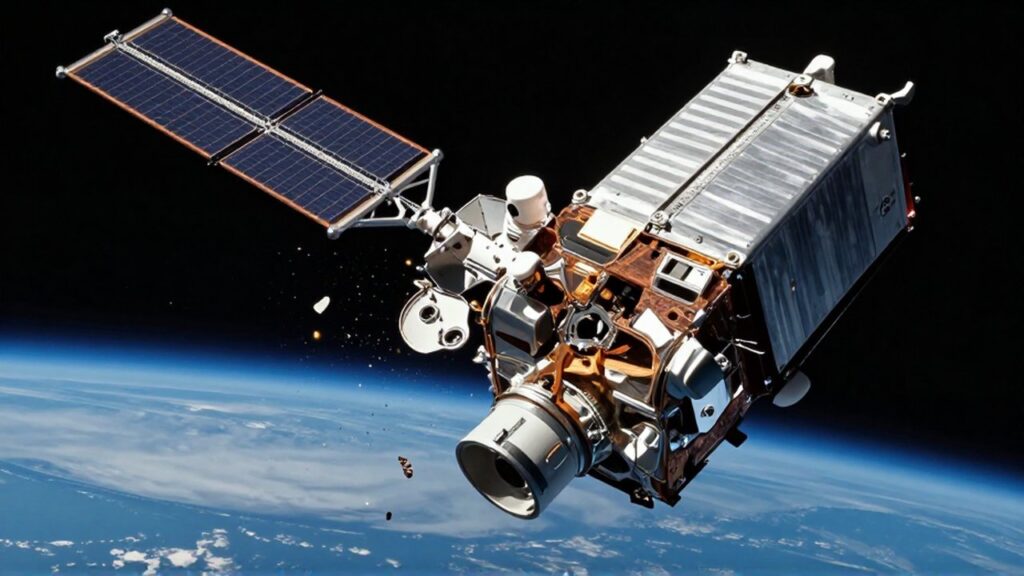 Fragmentos de metal y escombros espaciales vuelan hacia los paneles solares de un satélite en órbita terrestre.
