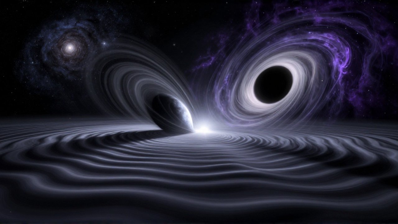 Dos agujeros negros masivos orbitan entre sí provocando ondas de luz y distorsiones espaciales.
