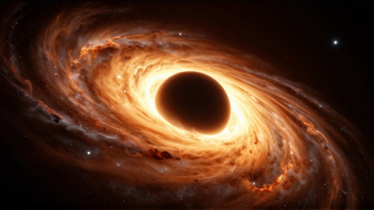 Un agujero negro con un disco de gas incandescente rodeado de luz distorsionada y nebulosas.