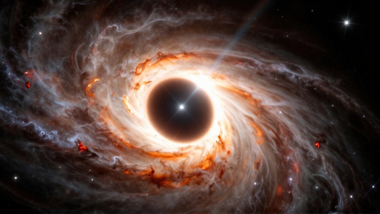 Agujero negro rodeado por un disco de gas ardiente y luz distorsionada en el espacio profundo.