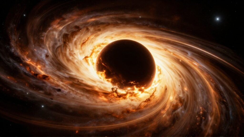 Agujero negro rodeado por un disco de acreción brillante y gas ardiente en el espacio profundo.