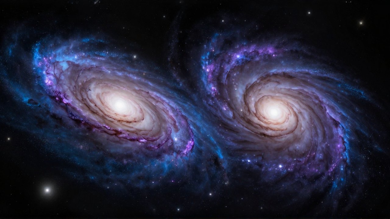 Dos galaxias espirales colisionando con brillantes estelas de estrellas y nebulosas en tonos azules y violetas.
