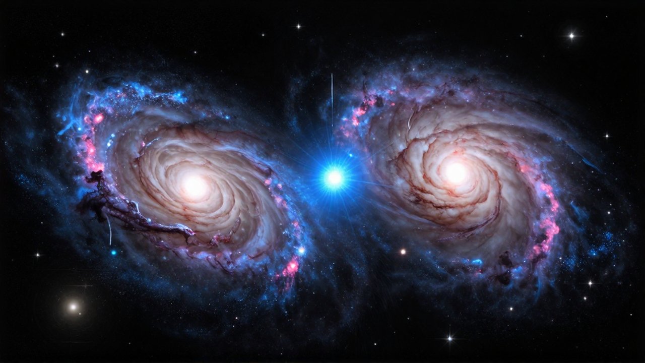 Dos galaxias espirales masivas colisionan entre estelas de gas brillante y nubes de polvo cósmico.