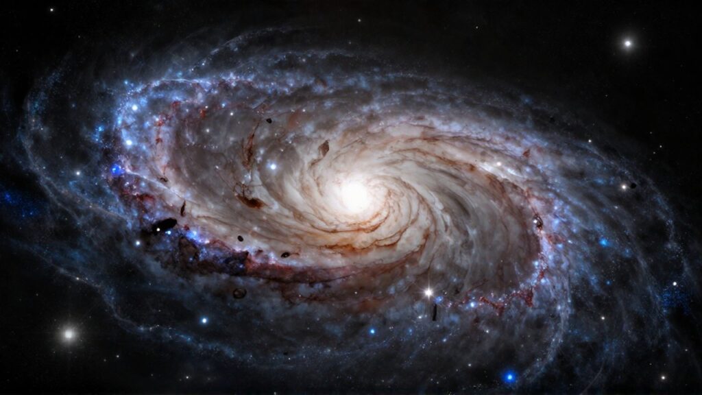 Dos galaxias espirales colisionando en el espacio profundo con brillantes cúmulos de estrellas y estelas de gas.