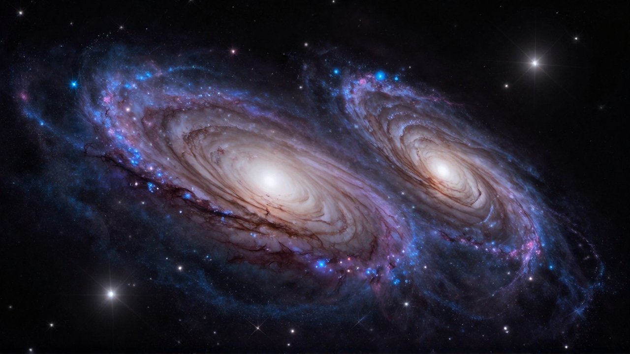 Dos majestuosas galaxias espirales colisionan en el espacio profundo entre nubes de gas y estrellas brillantes.