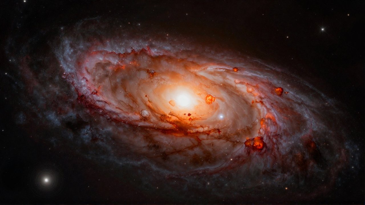Gran galaxia elíptica con un núcleo denso de estrellas de color naranja sobre un fondo cósmico oscuro.