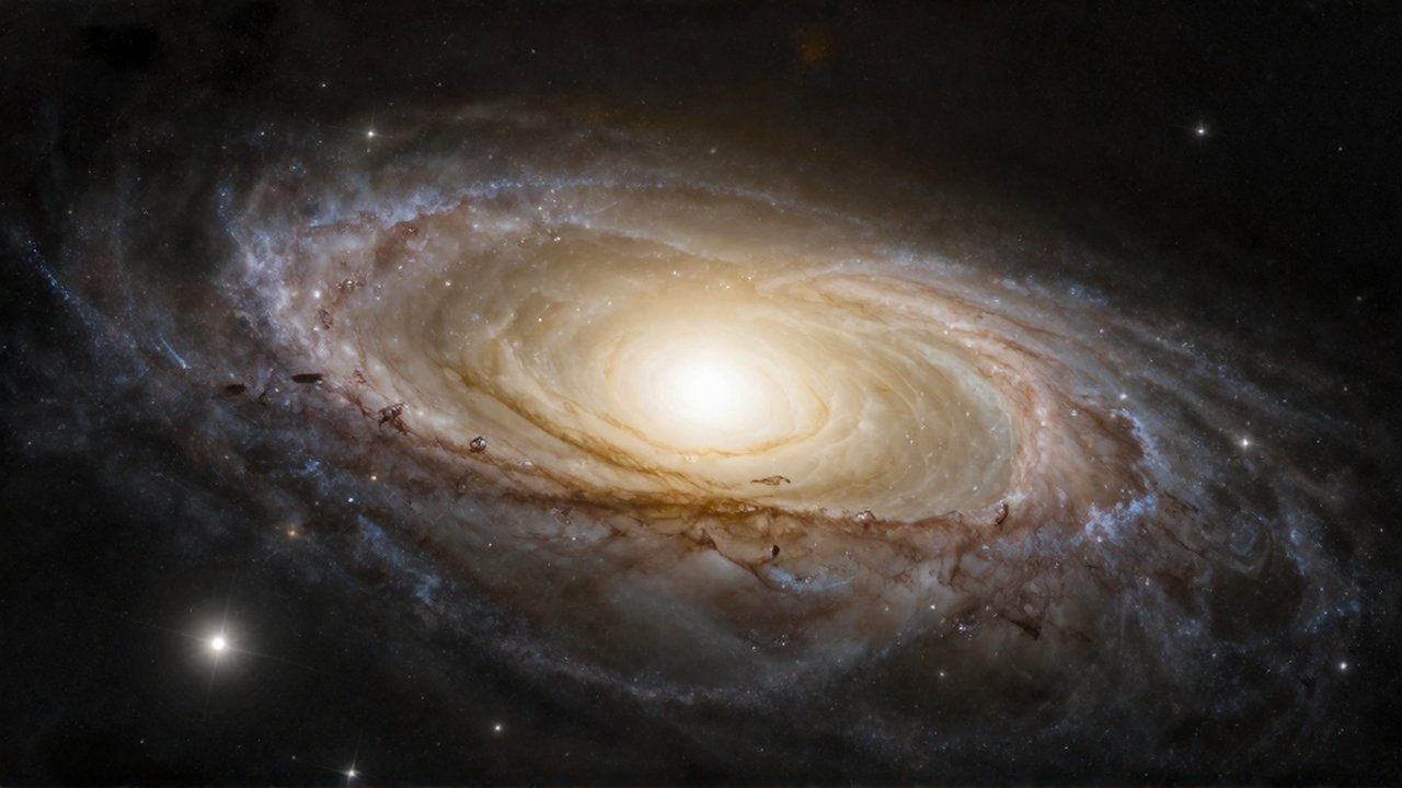 Gran galaxia elíptica con un núcleo denso de estrellas amarillentas sobre un fondo cósmico profundo.