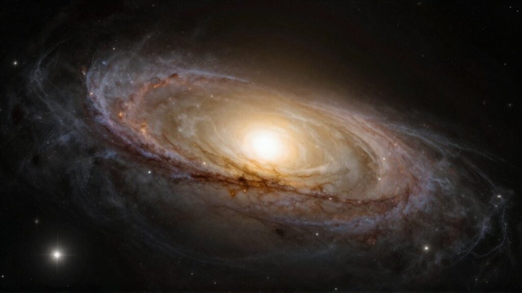 Gran galaxia elíptica con un núcleo denso de estrellas doradas sobre un fondo espacial profundo.