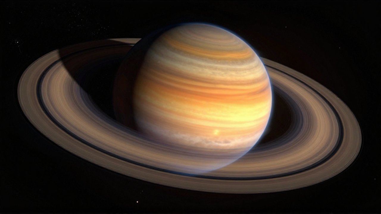 Corte transversal de Saturno que revela un núcleo naranja brillante rodeado de hidrógeno metálico líquido.