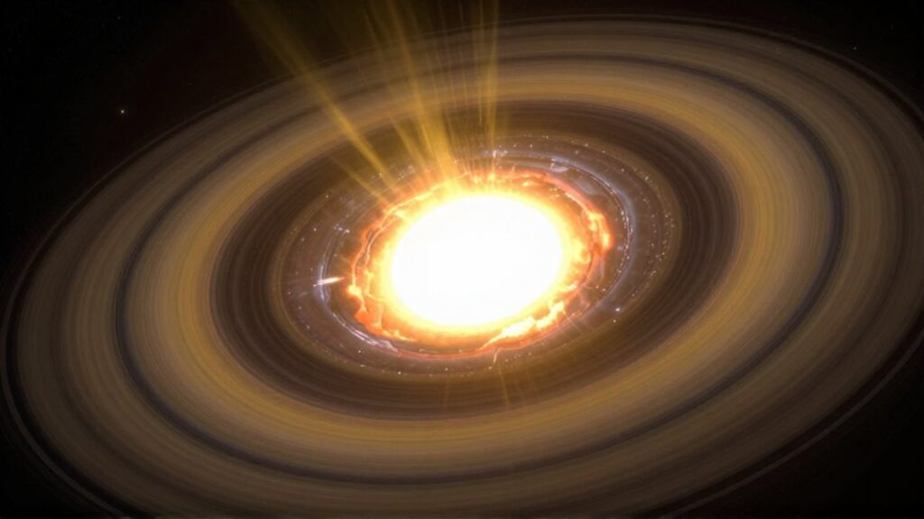 Corte transversal de Saturno que muestra un núcleo incandescente rodeado de capas de hidrógeno metálico líquido.