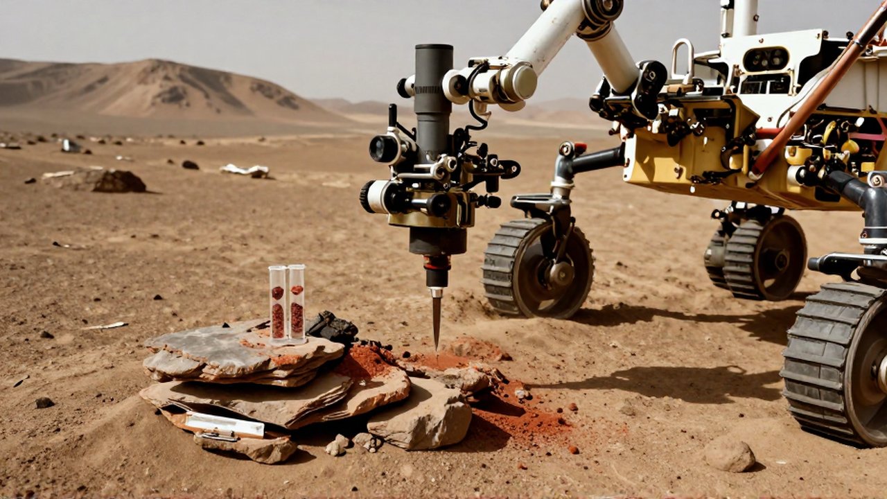 Brazo robótico del rover Perseverance extrayendo muestras de una roca en la superficie de Marte.