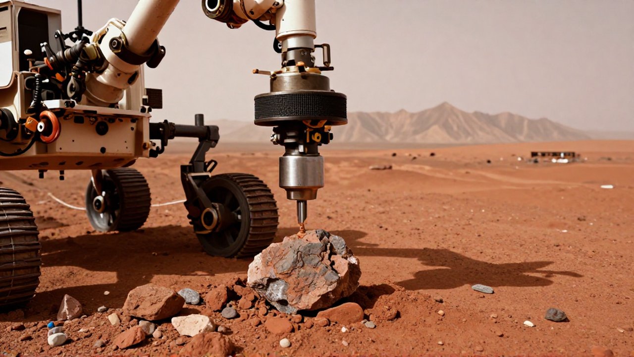 Brazo robótico del rover Perseverance recolectando una muestra de roca en el suelo de Marte.