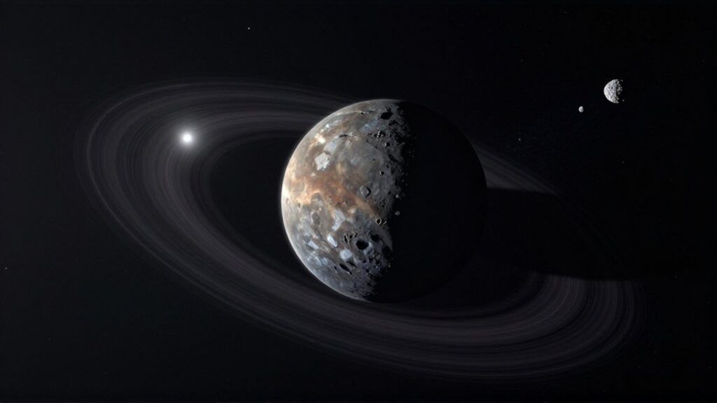 Planeta enano solitario con superficie rocosa y helada navegando por el cinturón de Kuiper.